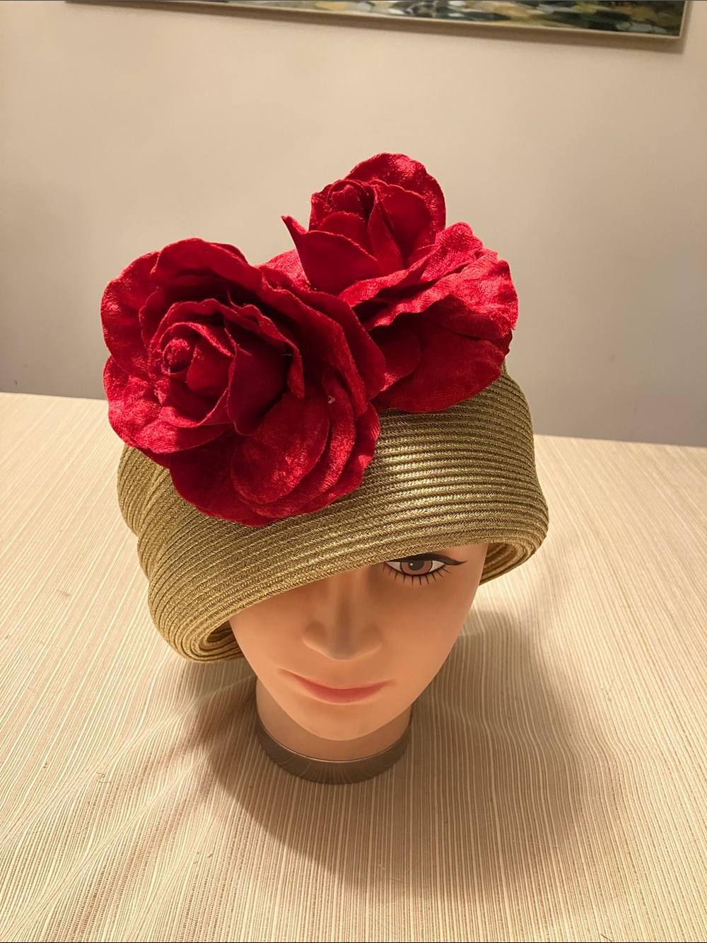 Chic Metallic Gold Cloche Hat with Large Velvet Red Floral Accent